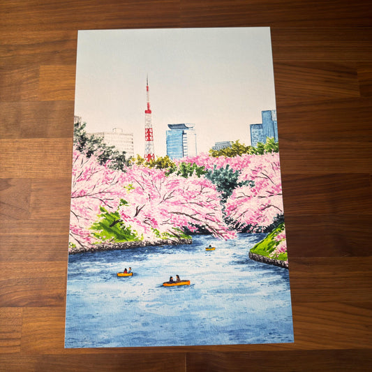 Tokyo Tower Riverfront Landscape Water Color Poster Print - Optional 3D Texture - photo 1 (photos/photo_01.jpg)